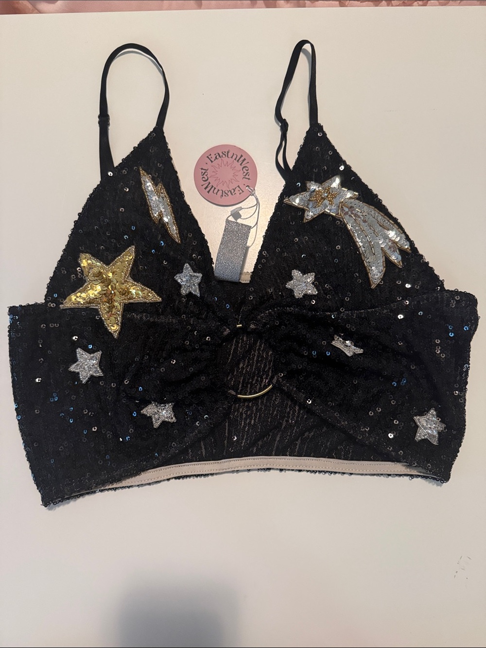 EastnWest Label Sequin Starburst Bralette - Black with Gold & Silver